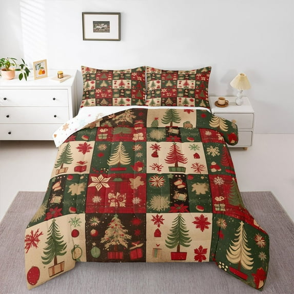 Homewish Merry Christmas Tree Bedding Comforter Set 2pcs for Kids Teens Adults,Vintage Aesthetic Twin Comforter Sets Microfiber,Xmas Geometric Plaid Breathable Bedding Set,Ultra Soft Home Decor