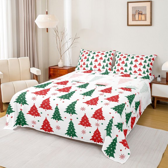 Homewish Merry Christmas Tree Twin Sheet Sets 3pcs for Kids Teens Boys Girls,Polka Dots Twin Fitted Sheet Microfiber,Xmas Festival Breathable Flat Sheet,Super Cozy Room Decor