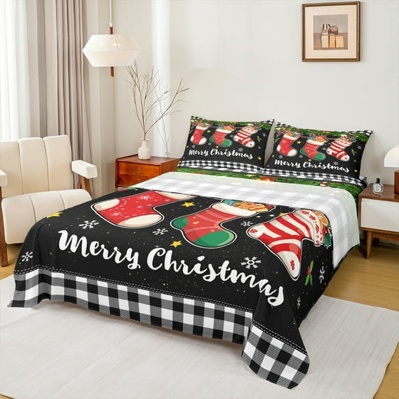 Homewish Merry Christmas Twin Sheet Sets,Cute Xmas Stocking Twin Fitted Sheet,White Black Plaid Grid 03 For Girls Teens,Super Cozy Room Decor,3pcs