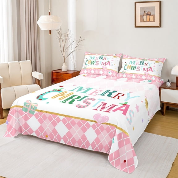Homewish Merry Christmas Twin Sheet Sets,Modern Geometric Rhombus Twin Fitted Sheet,Pink White Flat Sheet For Girls Kids,Super Cozy Room Decor,3pcs