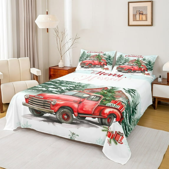 Homewish Merry Christmas Twin Sheet Sets,Rustic Western Farmhouse Twin Fitted Sheet,White Green Red Flat Sheet For Boys Kids,Microfiber Bedroom Decor,3-Piece