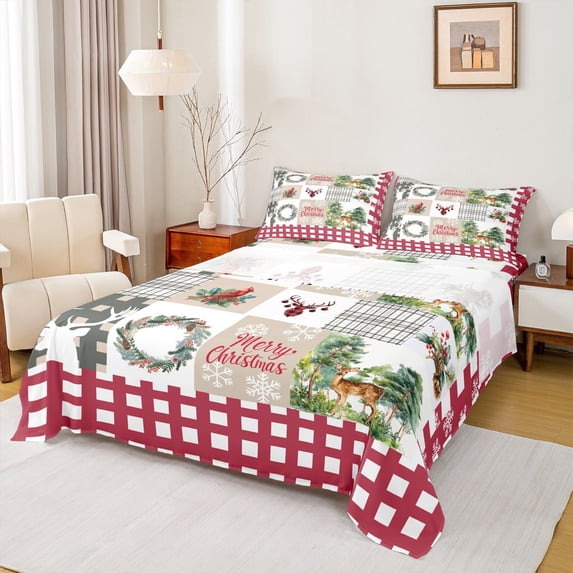 Homewish Merry Christmas Twin Sheet Sets,Wild Reindeer Silhouette Twin Fitted Sheet,Red Cardinal Bird Flat Sheet For Girls Kids,Super Cozy Room Decor,3pcs