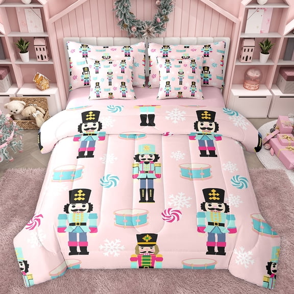 Homewish Merry Xmas 7-Piece Bedding Comforter Set,Kawaii Christmas Nutcracker King Bedding Sets,Ccolorful Snowflake Bed Sheets For Kids,Breathable Home Decor Reversible