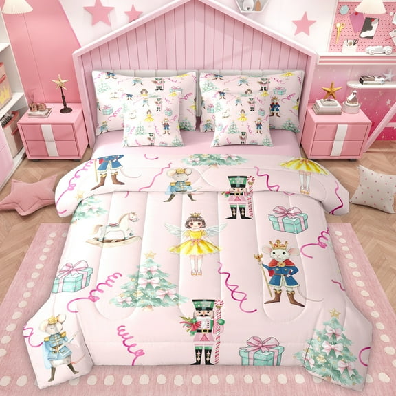 Homewish Merry Xmas 7-Piece Twin Bedding Sets,Retro Nutcracker Bedding Comforter Set,Cute Ballet Girls Sheet Sets For Kids,Breathable Home Decor Reversible