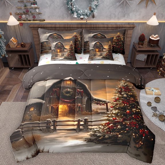 Homewish Merry Xmas 7 Pieces Bedding Comforter Set,Christmas Flower Tree Full Bedding Set,Happy New Year Fitted Sheet Flat Sheet For Kids,Ultra Soft Home Decor Reversible