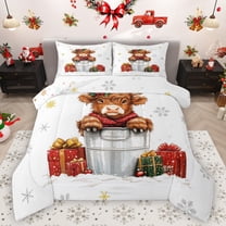 Homewish Merry Xmas Bedding Comforter Set,Rustic Highland Cattle Twin Comforter Sets,Gold White Snowflake Bedding Set For Boys Kids,Microfiber Bedroom Decor Reversible,2-Piece