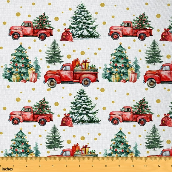 Homewish Merry Xmas Fabric by the Yard 1 Yard,Chic Christmas Tree Home Decor Fabric by the Yard,Red Truck Sewing Fabric For Adults,Microfiber Bedroom Decor
