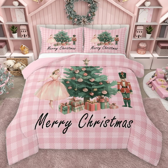 Homewish Merry Xmas Full Size Comforter Sets,Rustic Western Nutcracker Bedding Comforter Set,Cartoon Christmas Tree Bedding Sets For Girl Kids,Microfiber Bedroom Decor Reversible,3 Pieces