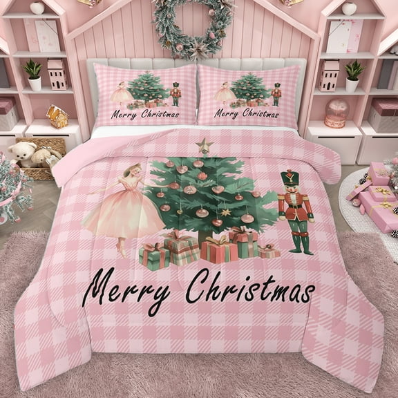 Homewish Merry Xmas Full Size Comforter Sets,Rustic Western Nutcracker Bedding Comforter Set,Cartoon Christmas Tree Bedding Sets For Girl Kids,Microfiber Bedroom Decor Reversible,3 Pieces