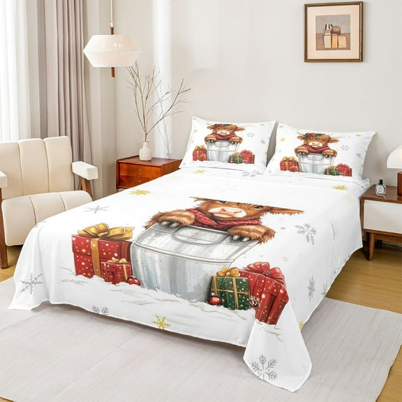 Homewish Merry Xmas Twin Sheet Sets,Rustic Highland Cattle Twin Fitted Sheet,Gold White Snowflake Flat Sheet For Boys Kids,Microfiber Bedroom Decor,3-Piece