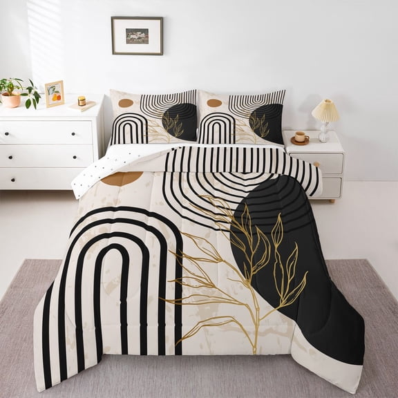 Homewish Mid Century Geometric 3 Pieces Queen Comforter Set for Teens Boys Girls,Minimalist Stripes Ultra Soft Bedding Sets,Vintage Aesthetic Bedding Comforter Set,Lightweight Room Decor,Reversible