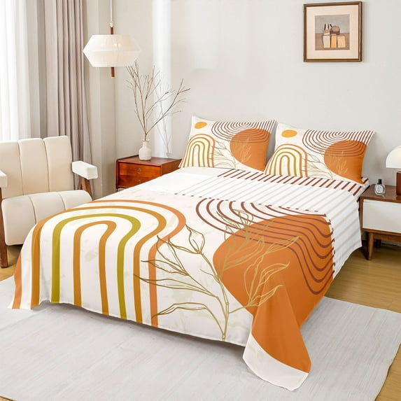 Homewish Mid Century Geometric 3pcs Twin Sheet Sets for Teens Boys Girls,Minimalist Stripes Twin Fitted Sheet,Vintage Aesthetic Breathable Flat Sheet,Lightweight Room Decor