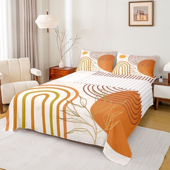 Homewish Mid Century Geometric 3pcs Twin Sheet Sets for Teens Boys Girls,Minimalist Stripes Twin Fitted Sheet,Vintage Aesthetic Breathable Flat Sheet,Lightweight Room Decor