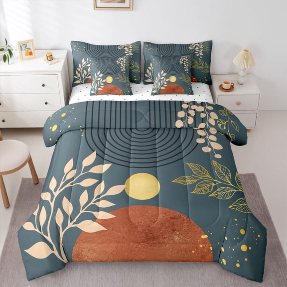 Homewish Mid Century Geometric 7-Piece Twin Bedding Sets for Teens Boys Girls,Minimalist Stripes Bedding Comforter Set,Vintage Aesthetic Breathable Sheet Sets,Lightweight Room Decor,Reversible