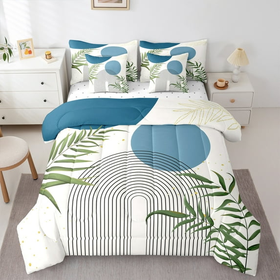 Homewish Mid Century Geometric 7 Pieces Bedding Comforter Set for Teens Boys Girls,Minimalist Stripes Full Bedding Set Lightweight,Vintage Aesthetic Fitted Sheet Flat Sheet,Lightweight Room Decor