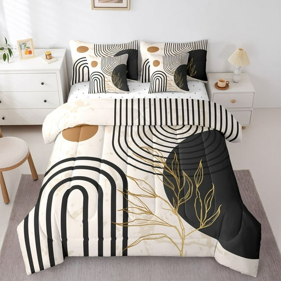 Homewish Mid Century Geometric 7pcs Bedding Comforter Set for Teens Boys Girls,Minimalist Stripes Queen Bedding Sets Super Cozy,Vintage Aesthetic Queen Sheet Sets,Lightweight Room Decor,Reversible