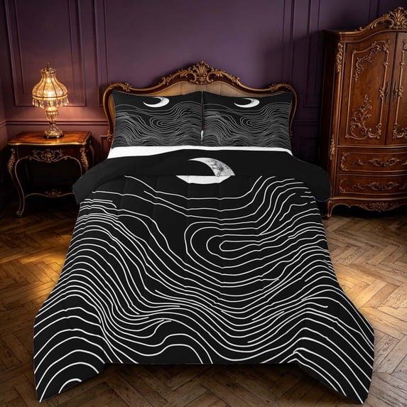 Homewish Mid Century Minimalism Full Size Comforter Sets, Black White Bedding Comforter Set, Black Reversible 3pcs, 1 Comforter and 2 Pillowcases
