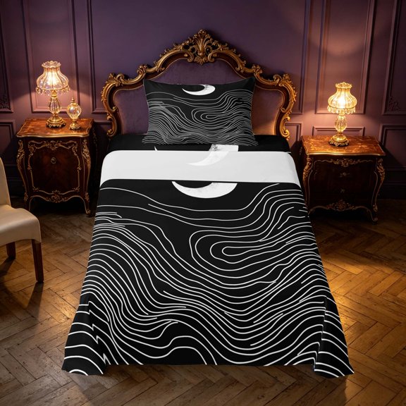 Homewish Mid Century Minimalism Twin Sheets, Black White Bedding, 3 Pieces, 1 Flat Sheet, 1 Fitted Sheet and 1 Pillowcase