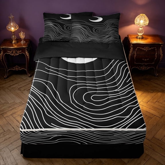 Homewish Mid Century Minimalism Zipper Twin Comforter Sets with Fitted Sheet and 2 Pillowcases, Black White Zipper Bedding Set, Black Reversible