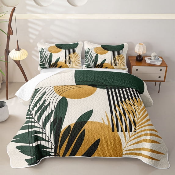 Homewish Mid-Century Plants Print Twin Quilt Set,Boho Lines Art Twin Coverlet Set,Cream,2pcs
