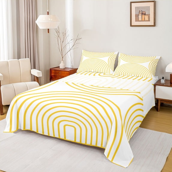 Homewish Mid Century Stripes Queen Sheets,Abstract Geometric Queen Sheet Sets,White Gold,4-Piece,1 Flat Sheet, 1 Fitted Sheet and 2 Pillowcases