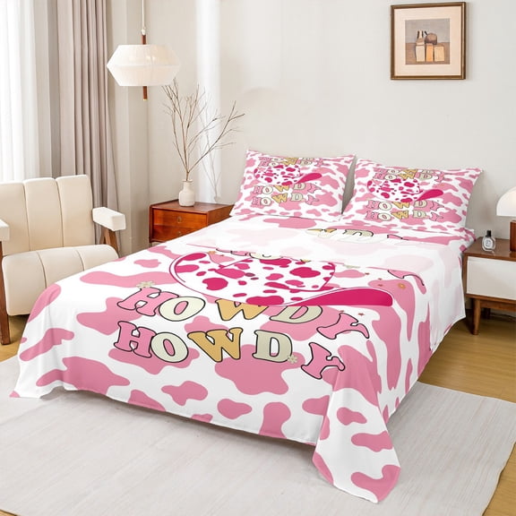 Homewish Milk Cow Print Bed Sheets,Chic Cowgirl Hat King Sheets,Pink White Sheet Set For Girls Teens,Breathable Home Decor,4pcs