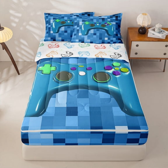 Homewish Miners Games Checkered Zipper Twin Comforter Sets with Fitted Sheet and 2 Pillowcases,Gamepad Gamer Video Games Zipper Bedding Set For Kids,Reversible,4-Piece