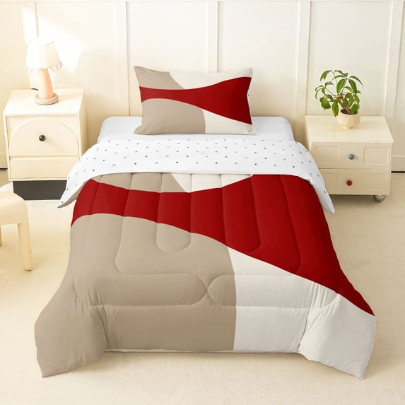 Homewish Minimalism Beige Red Twin Comforter Sets,Classic Abstract Geometric Bedding Set,Reversible,2-Piece,1 Comforter and 1 Pillowcase