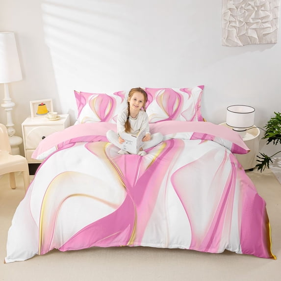 Homewish Minimalism Pink Stripes Bedding,Abstract Geometric Duvet Cover Full,Pink Reversible,3-Piece,1 Duvet Cover and 2 Pillowcases
