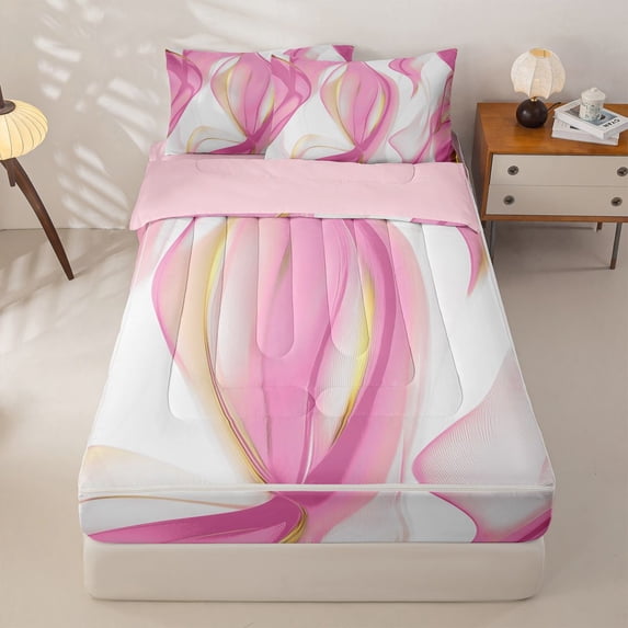 Homewish Minimalism Pink Stripes Zipper Full Size Comforter Sets with Fitted Sheet and 2 Pillowcases,Abstract Geometric Zipper Bedding Set,Pink Reversible,4pcs