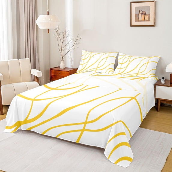 Homewish Minimalism Stripes Queen Sheets,Contemporary Abstract Queen Sheet Sets,White Golden,4-Piece,1 Flat Sheet, 1 Fitted Sheet and 2 Pillowcases