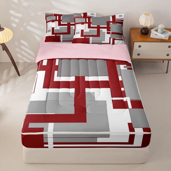 Homewish Minimalist Buffalo Zipper Queen Comforter Set with Fitted Sheet and 2 Pillowcases,Mid Century Geometric Zipper Bedding Set,Red Gray,Pink Reversible,4pcs