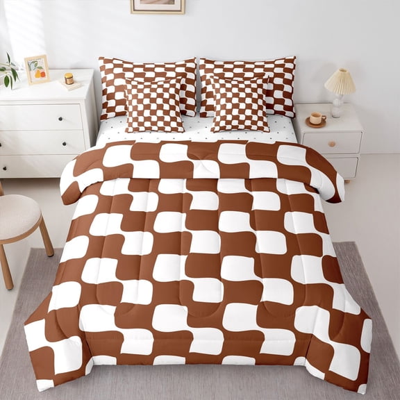 Homewish Minimalist Checkered Bedding Comforter Set 7-Piece for Female Men Adults,Abstract Geometric Plaid King Bedding Sets,Vintage Aesthetic Ultra Soft Bed Sheets,Luxury Bedroom Decor,Reversible