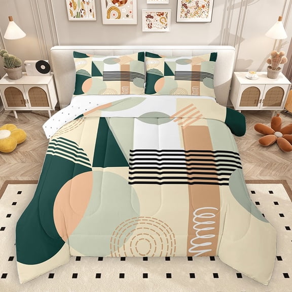 Homewish Minimalist Geometric 3 Pieces Queen Comforter Set for Teens Boys Girls,Abstract Stripes Ultra Soft Bedding Sets,Vintage Aesthetic Bedding Comforter Set,Lightweight Room Decor,Reversible