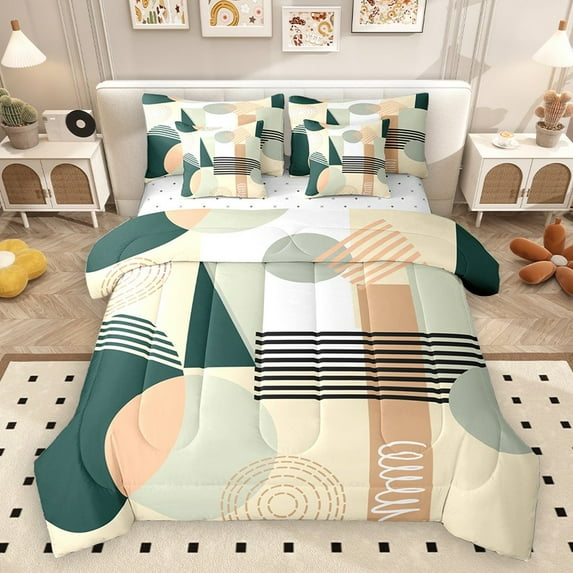 Homewish Minimalist Geometric 7pcs Bedding Comforter Set for Teens Boys Girls,Abstract Stripes Queen Bedding Sets Super Cozy,Vintage Aesthetic Queen Sheet Sets,Lightweight Room Decor,Reversible