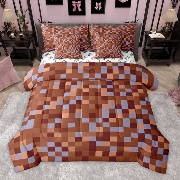 Homewish Minimalist Geometric Checkered 7-Piece Bedding Comforter Set,Pixel Pattern King Bedding Sets,Brown Blue Bed Sheets For Children,Microfiber Bedroom Decor Reversible