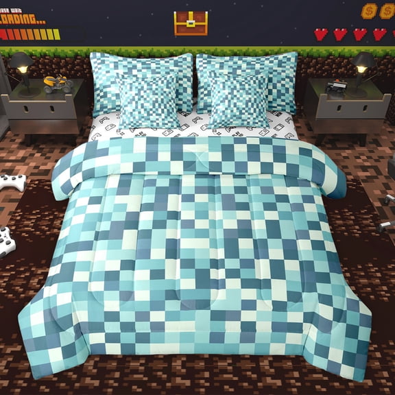 Homewish Minimalist Geometric Checkered 7-Piece Twin Bedding Sets,Pixel Pattern Bedding Comforter Set,Blue White Sheet Sets For Children,Microfiber Bedroom Decor Reversible