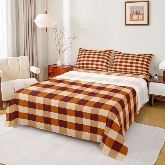 Homewish Minimalist Grid 4pcs Bed Sheets for Kids Teens Adults,Geometric Buffalo Plaid King Sheets,Orange Brown Super Cozy Sheet Set,Luxury Bedroom Decor