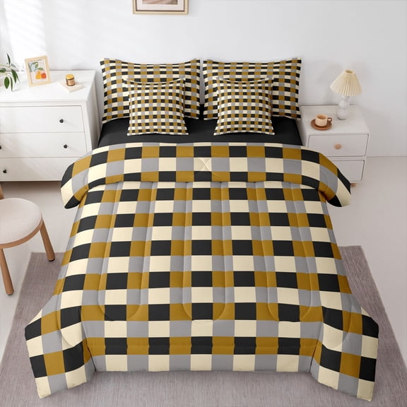 Homewish Minimalist Grid 7-Piece Queen Bedding Set - Buffalo Plaid Black Brown