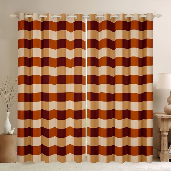 Homewish Minimalist Grid Curtains Pack of 2 (42x84 Each) for Kids Teens Adults,Geometric Buffalo Plaid Curtains Blackout,Orange Brown Bedroom Curtains,Luxury Bedroom Decor
