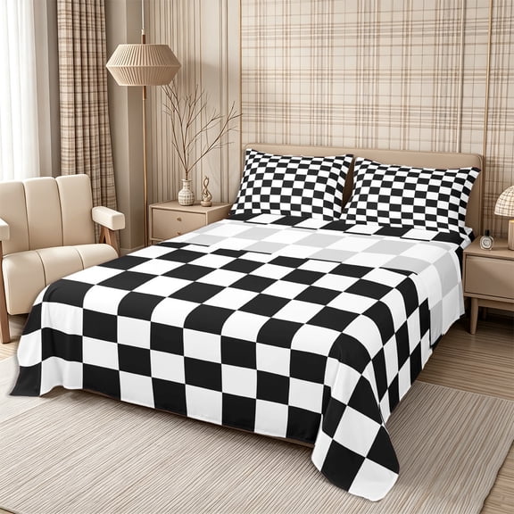 Homewish Minimalist Grid Queen Sheets 4 Pieces, Retro Checkerboard Queen Sheet Sets, Black White,1 Fitted Sheet, 1 Flat Sheet and 2 Pillowcases