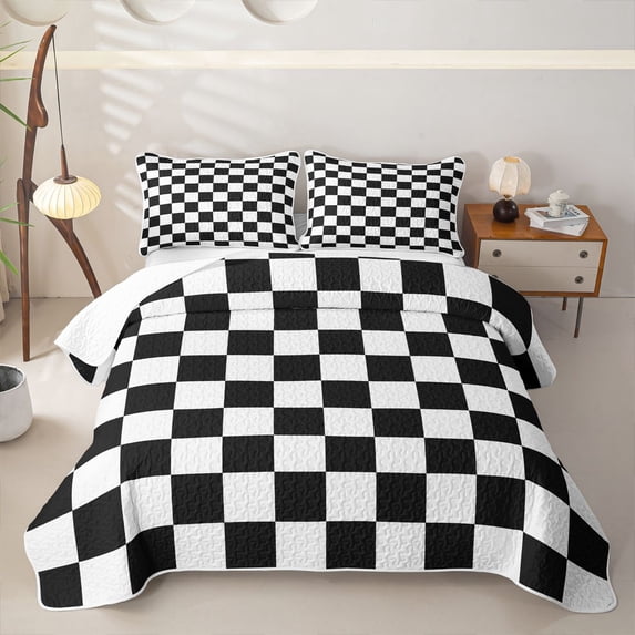 Homewish Minimalist Grid Quilt King, Retro Checkerboard King Coverlet Set, Black White