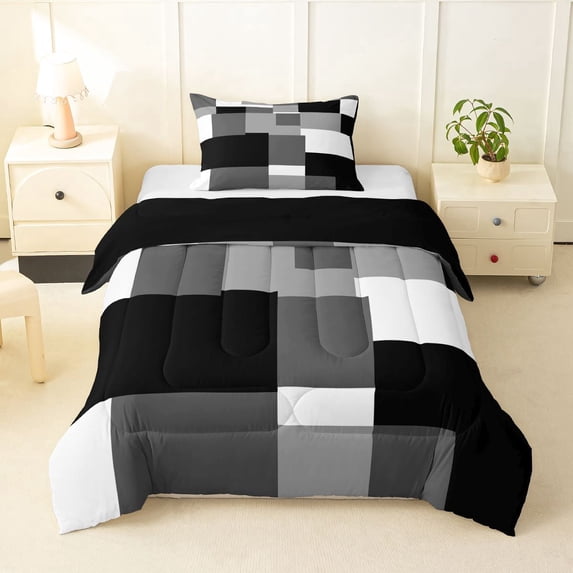 Homewish Minimalist Grid Twin Comforter Sets,Mid Century Art Bedding Set,Black Gray,Black Reversible,2-Piece,1 Comforter and 1 Pillowcase