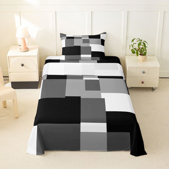 Homewish Minimalist Grid Twin Sheets,Mid Century Art Bedding,Black Gray,3-Piece,1 Fitted Sheet and 1 Pillowcase