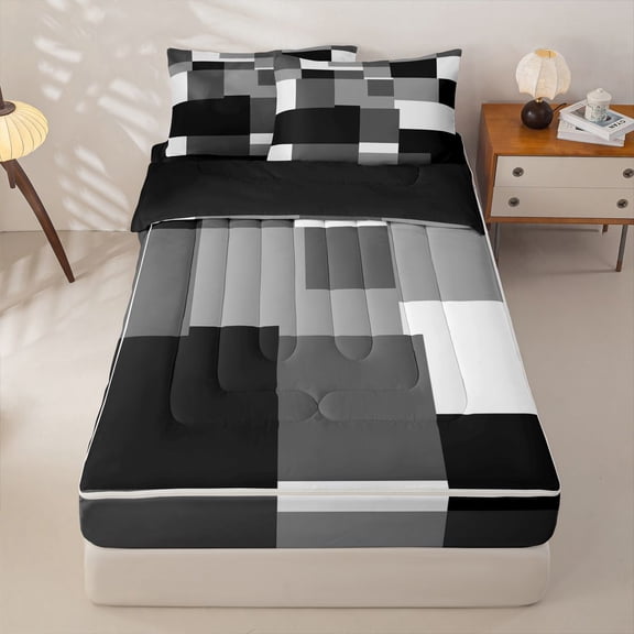 Homewish Minimalist Grid Zipper Twin Comforter Sets with Fitted Sheet and 2 Pillowcases,Mid Century Art Zipper Bedding Set,Black Gray,Black Reversible,4pcs