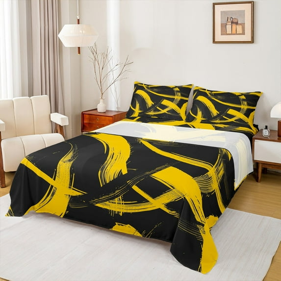 Homewish Minimalist Lines 4 Pieces Queen Sheet Sets for Kids Children Teens,Abstract Geometric Stripes Ultra Soft Flat Sheet,Mid Century Queen Fitted Sheet,Ultra Soft Home Decor