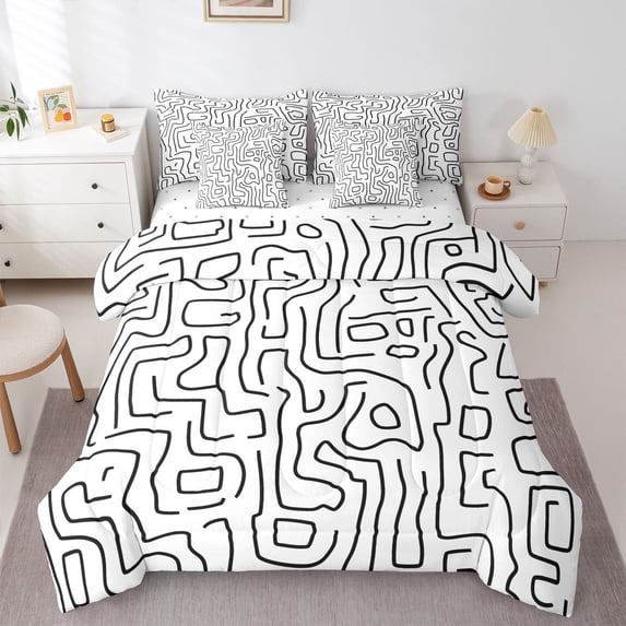 Homewish Minimalist Lines 7-Piece Twin Bedding,Modern Abstract Art Bedding Comforter Set,Black White,Reversible