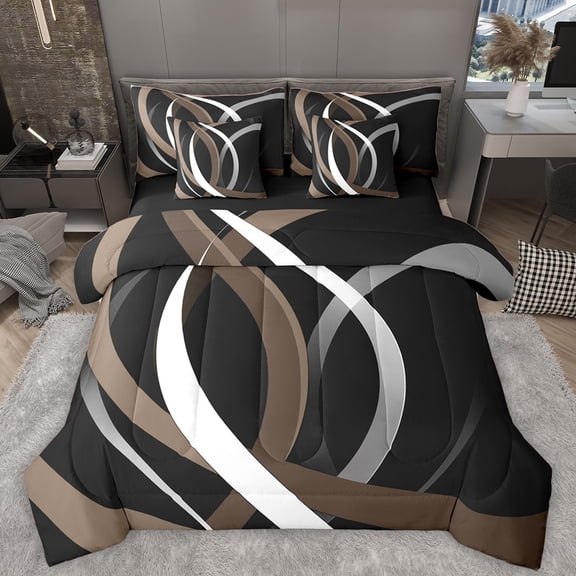 Homewish Minimalist Lines Bedding Comforter Set 7-Piece for Kids Children Teens,Abstract Geometric Stripes King Bedding Sets,Mid Century Ultra Soft Bed Sheets,Ultra Soft Home Decor,Reversible