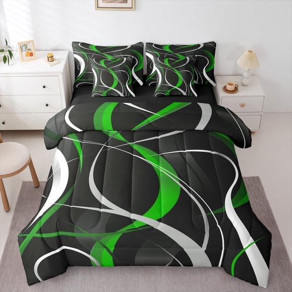 Homewish Minimalist Lines Bedding Comforter Set 7-Piece for Kids Children Teens,Abstract Geometric Stripes King Bedding Sets,Mid Century Ultra Soft Bed Sheets,Ultra Soft Home Decor,Reversible