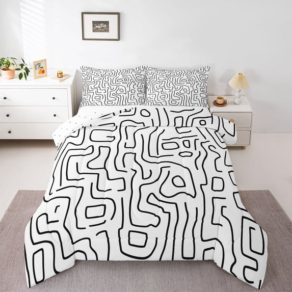 Homewish Minimalist Lines Full Size Comforter Sets,Modern Abstract Art Bedding Comforter Set,Black White,Reversible,3 Pieces,1 Comforter and 2 Pillowcases